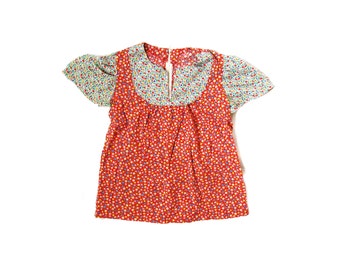 vintage girls blouse 70's calico print mixed ladybug yoke handmade children's clothing 1970's size 8