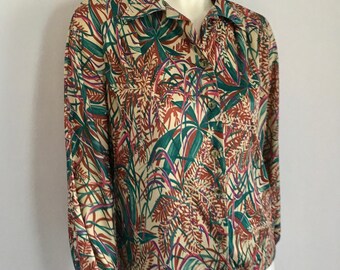 Vintage Women's 70's Blouse, Floral, Polyester, Long Sleeve (XL)