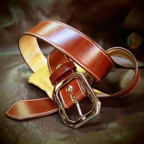 Tan leather belt 1-3/4" rust brown wide- saddle machine stitched handmade for YOU in USA by Freddie Matara