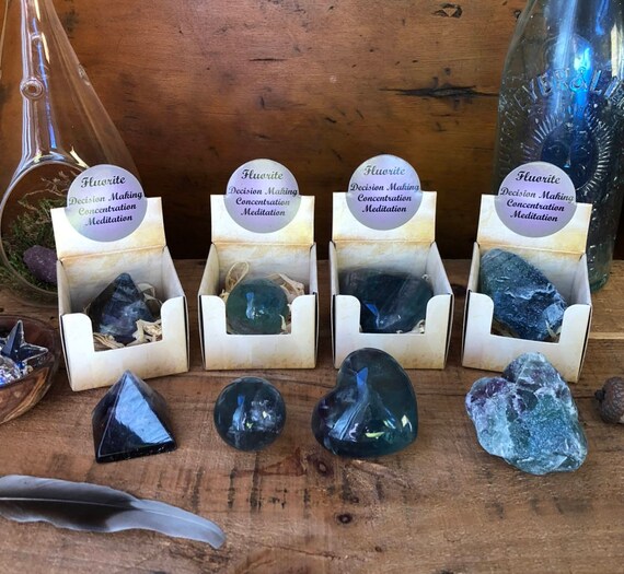 Set of 4 Fluorite Shapes, Polished Fluorite, Fluorite Heart, Fluorite Sphere, Raw Fluorite, Fluorite Pyramid, Standing Crystal, Unisex Gifts