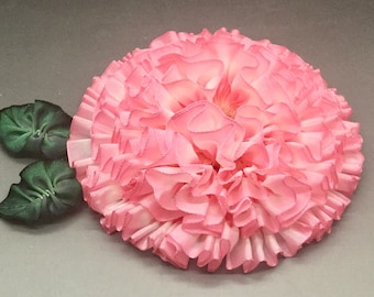 Large Pink and White Ribbon Flower Millinery Appliqué Zinnia Frilly Pleated Flower