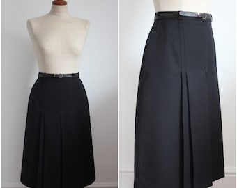 1980's Black Skirt Pleated Belted Size UK 8-10