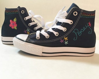 Hand embroidered converse/canvas shoes with name and floral or other accents(you provide shoes)