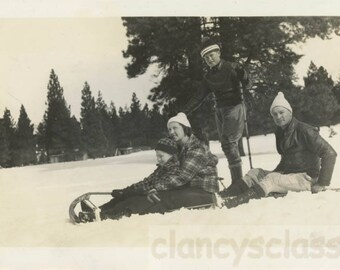 vintage photo snapshot 1938 Family on Toboggan snow Winter Sporty fun!