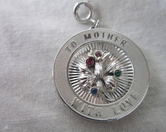 Vintage Silver Tone " To Mother with Love " Charm Bracelet Charm with Rhinestones