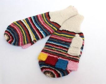 SALE 15% OFF* Pure Alpaca Hand Knitted Colorful wool Gloves, Convertible Mittens, Fingerless Gloves, Light and Warm