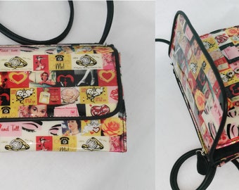 Printed Pin up small cross-body purse or Wallet Vinyl and Vegan Leather long strap Vintage