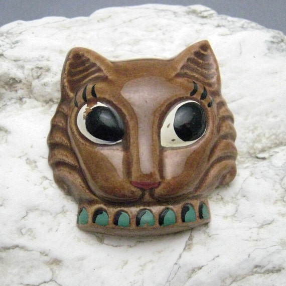 Large Ceramic Cat Brooch Vintage Hand Painted Jewelry