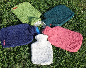 Large natural rubber hot water bottle with organic cotton plush upholstery soft organic cotton