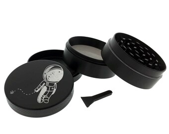 Herb Grinder Holy Herb Space Astranout Premium Engraved 4 Layel Metal - Square - Old School Custom Herb Tobacco Grinder Pollen Collector