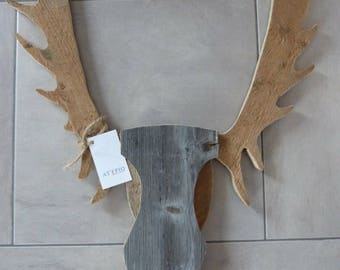 White roe deer on recycled wooden frame