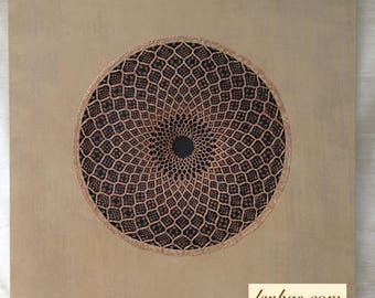 Wall Art "Reframed: Lost Art II", handmade bobbin lace in bronze wire, beige silk canvas, inspired by traditional circular lace patterns