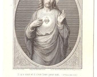 Sacred Heart of Jesus Antique French Catholic Holy Prayer Card, Engraving, Jesus Christ, Catholic Gift, Devotional Ephemera, Christian
