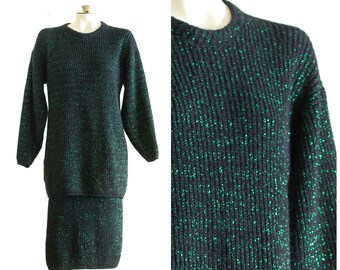 1980s black and green oversize knit sweater and skirt