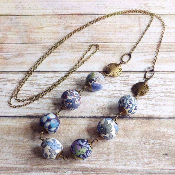 Liberty necklace, Boho necklace, Blue necklace, Textile beads, Textile jewelry, Blue jewelry, Boho chic jewelry, Liberty prints, Blue