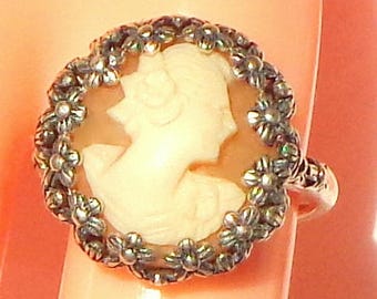 Size Adjustable, Vintage Cameo, New Sterling Silver Ring, Hand Carved Cameo, Italian Carved Conch Shell Cameo, OOAK