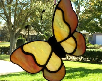Yellow and Pink Butterfly Stained Glass Suncatcher Home Decor