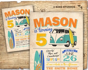 Surf invite - surfboard invitation with camper van - vintage beach summer party invite - vintage DIY printable invitation