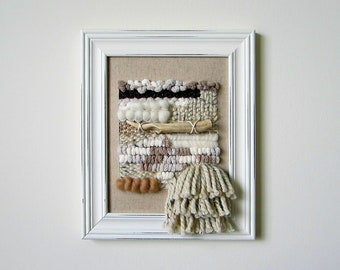Bohemian woven tapestry wall hanging in brown, beige, ivory / beachy colors with deer antler. Full frame size 11" x 13".