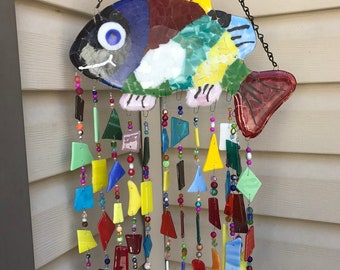 Fused Glass Wind Chime Smiling Mosaic Fish