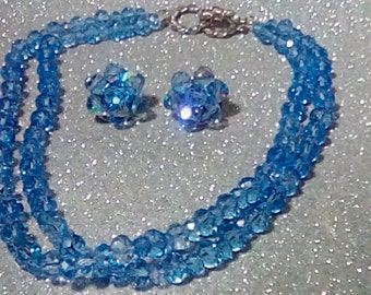 Alice Caviness Marked 2 Strand Blue Crystal Beaded Necklace & Clip On Earring Set
