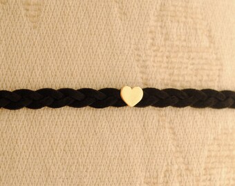 Leather Chokers, Black Suede leather heart choker Suede Chokers gold heart choker, Thin black leather choker, black and gold, Western Choker