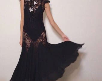 Seein' Stars Dress | 1980s Vintage 80s Does 30s Sheer Black Lace Sequin Stars Illusion Dress | Size S/M