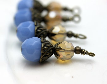 Vintage Style Slate Blue Round Glass Beaded Dangle Charm Drop Pendant Set