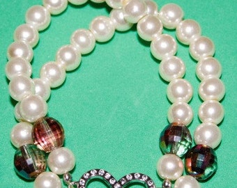 White Pearl Bracelet (2-strand) with Silver Infinity Connector and Crystals; Earrings included; Silver Infinity Connector