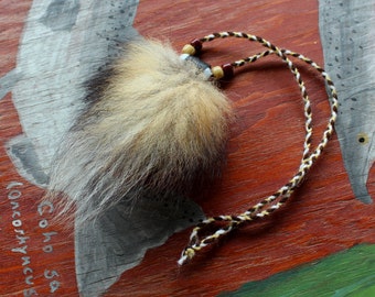Real red fox tail fur necklace with braided cord and glass beads - simple nature jewelry for costumes, holidays, more