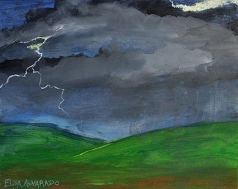 Storm painting on repurposed wood, original storm art by Elisa Alvarado, thunderstorm, landscape, lightning, cloud painting