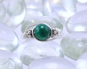 Malachite and Sterling Silver Bali Bead Ring - Any Size