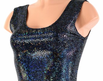 Black Shattered Glass Holographic Lycra Spandex Bodycon Clubwear Crop Top with Scoop Neckline 150170