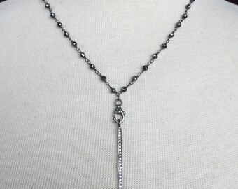 Pave Diamond Oxidized Silver Spike Pendant Necklace with Pave Diamond Clasp and Oxidized Silver Pyrite Chain