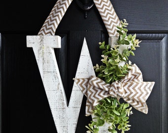 Distressed White Letter, White Monogram Wreath, Door Monogram Wreath, Greenery Wreath, Winter Wreath, Spring Wreath, All Seasons, Year Round