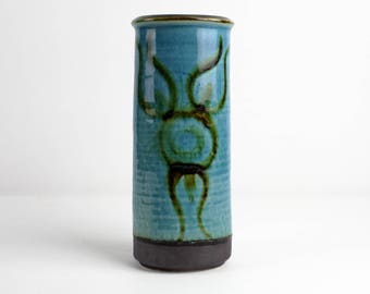 Soholm, Denmark, blue green vintage ceramic vase signed by Stentoj, 70s, danish pottery, Mid Century