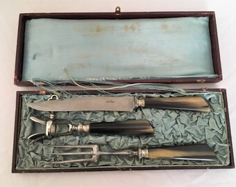 set of serving fork, knife and metal and Horn clip leg french vintage art deco