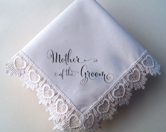 Mother of the Groom wedding handkerchief with heart lace, printed handkerchief, wedding gift for Mom, Mother of the Groom gift, gift boxed