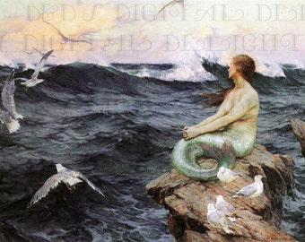 MERMAID Contemplates The Vast Sea! Vintage Mermaid Illustration. Digital Mermaid Download. Digital Printable Mermaid Image.