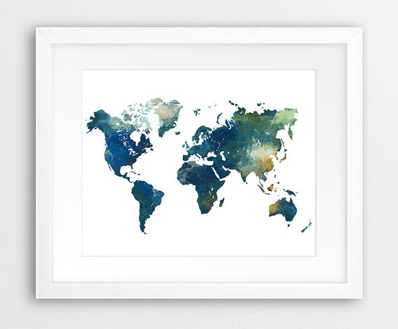 World Map Watercolor Print World Map Poster Watercolor Teal