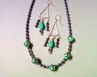 Teal and Violet Necklace and Earrings (0246)