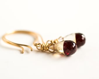 Garnet and topaz earrings, color block gemstone earrings, red and gold