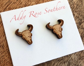 Wooden longhorn stud earrings
