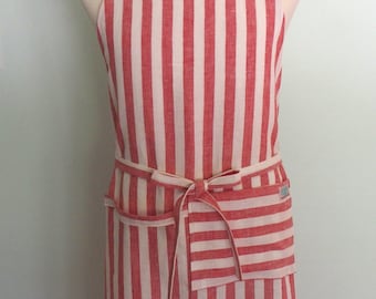 Red Stripe Apron with Pocket and Towel Loop, Extra Wide, Men's Linen Apron, Chef Apron, Restaurant Server Apron, Adjustable, No Neck Ties