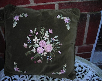 vintage pillow green velveteen flower pillow zipper