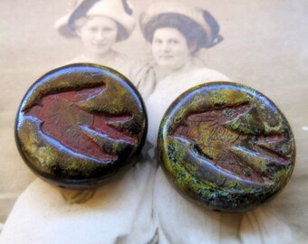 NEW RUSTIC RAVENS . Czech Picasso Glass Beads . 23 mm (2 beads)
