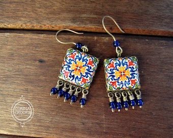 Portuguese Jewelry, Portuguese tile Earrings, large Statement Earrings, Dangle drop earrings, Colorful Jewelry, Mediterranean Earrings
