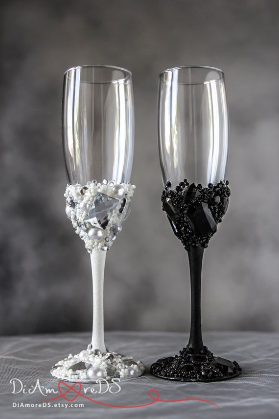 White and Black Personalized Wedding Set Champagne Flutes Mr