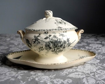 French antique grey transferware ironstone sauce boat with lid, birds and flowers gravy boat