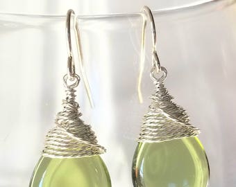 Olive Green Briolette Teardrop Earrings, Dangle Earrings, Green Jewelry
